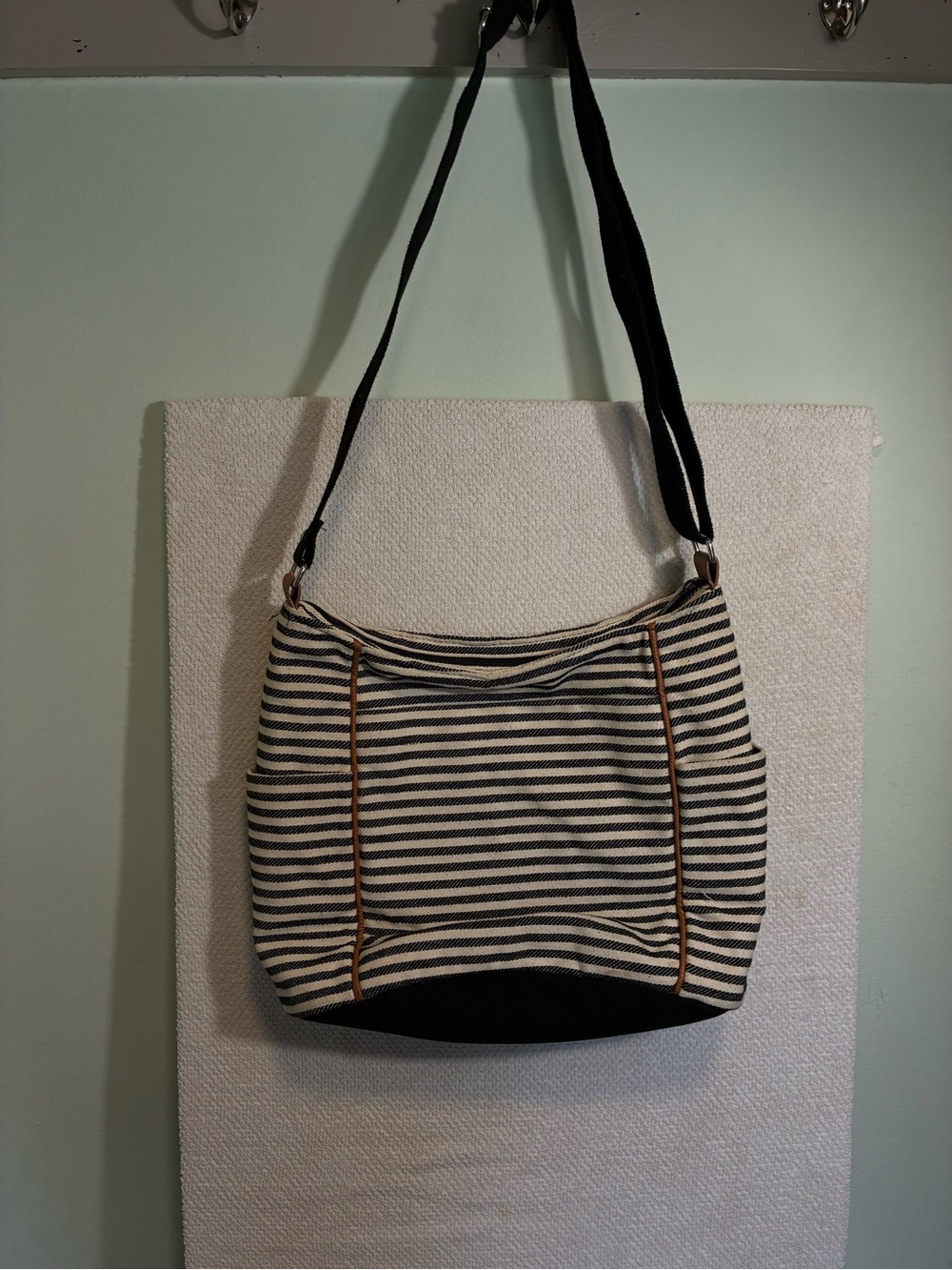 thirty-one Striped Canvas Shoulder Bag in Cream & Black with Tan Trim